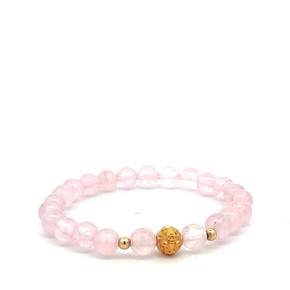 18K Gold Money Ball Lucky Charm Beads Bracelet Gemstones Rose Quartz 6mm - Picture 2 of 6